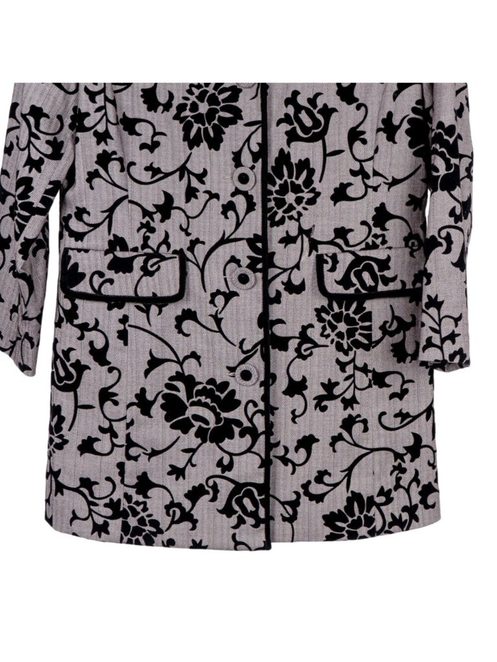 Floral Herringbone Jacket M Women Long Buttons Velour Accent Gray Black - Picture 3 of 6